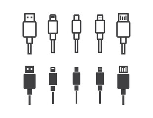Set of Usb cable Icon. Usb type cable Icon set. Electronic device input cable cords, internet charging wires signs, lightning micro usb types for mobile phone connector plugs vector illustration.