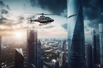  a skyscraper on a city with a helicopter 
 - obrazy, fototapety, plakaty
