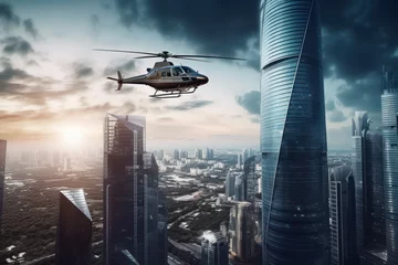 Foto auf Acrylglas Antireflex  a skyscraper on a city with a helicopter   © Sekai