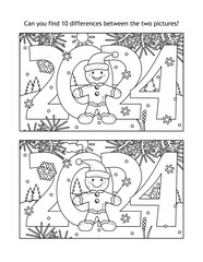 Year 2024 difference game and coloring page with year 2024 heading, cute gingerbread man and outdoor winter scene