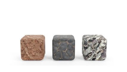 3D rendering of 3 types of cubic stones texture for display on white background