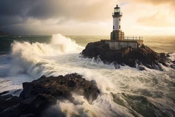 Foto op Aluminium  a lighthouse on a cliff with waves crash  © Sekai