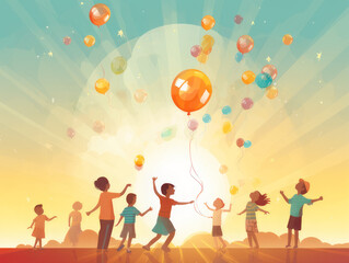Children and balloons flying into the sky. Happiness and carefree childhood.