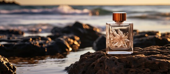 Selective perfumery concept shown with glass bottle on stones ocean and horizon in background - obrazy, fototapety, plakaty