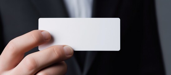 Close-up of a businessman's hand holding a blank business card
