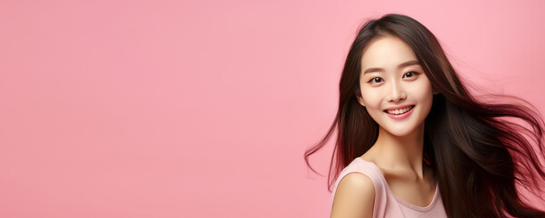Beautiful Asian Woman Smooth with Healthy Skin, Portrait of Happy Young Female Beauty Face with Copyspace for Cosmetics Skincare Advertising. - obrazy, fototapety, plakaty