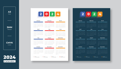 2024 One-page wall calendar design, Modern 12 Month one-page calendar template, New Year 2024 wall calendar, color variation One-page calendar template