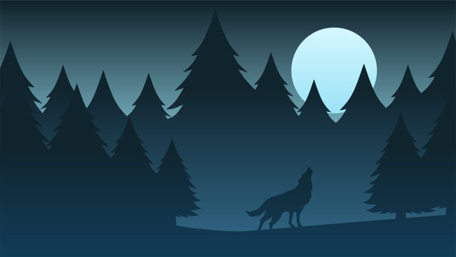 Wildlife wolf landscape vector illustration in the night. Wolf howling in full moon pine forest illustration. Wildlife landscape for background, wallpaper or landing page