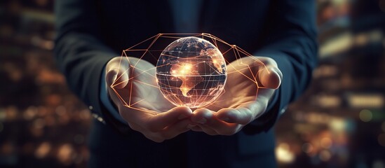 Businessman holding a glowing earth globe in his hands - obrazy, fototapety, plakaty