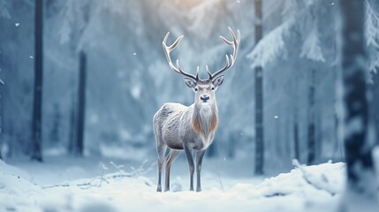 Portrait of majestic deer stag in Winter - obrazy, fototapety, plakaty