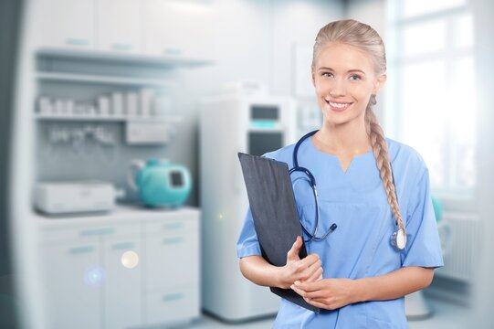 Female young medical assistant in clinic, AI generated image