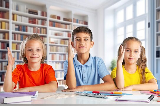 Happy school child raising hand in modern class, AI generated image