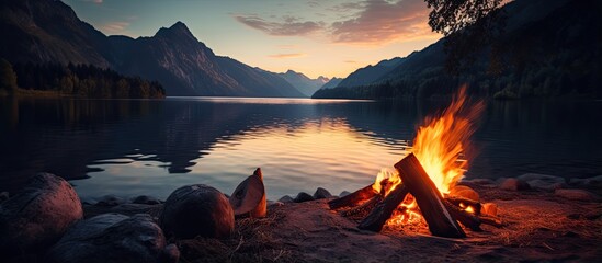 Lake and mountain campfire