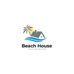 house with palm tree logo vector, tropical beach home or hotel icon design illustration