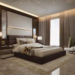 interior of a bedroom with bed and high ceilings. 