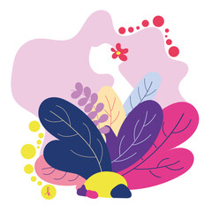 Flat Illustration of a girl's silhouette and leaves and dots 