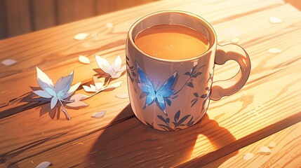 ［AI生成画像］一杯のコーヒー、木目調背景1