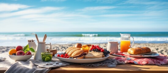 Morning breakfast on the beach picnic table senior adult