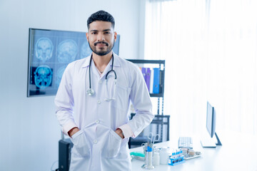 Medical Hospital Portrait: Healthcare and medical concept. Medicine muslim doctor with a...