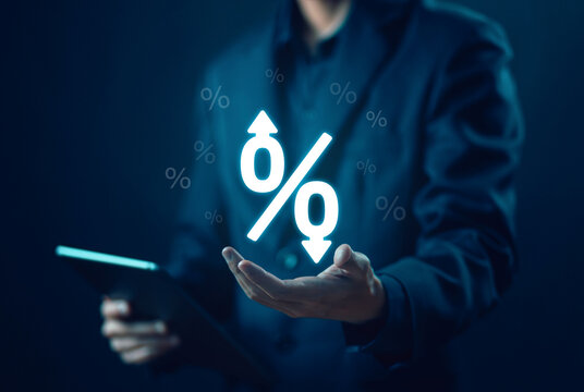 percent icon. interest rate rises high or decreases. concept of interest bank, debt, tax, and loan percentage. inflation increases economic, and business profit growth or low-down