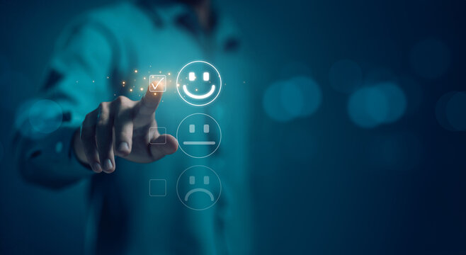 5-star rate review of client, icon happy smile, best feedback customer. satisfaction survey concept in service of the user on a website digital online. experience positive with business top quality