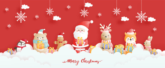 Christmas card, celebrations with santa and friends banner, christmas scene in paper cut style