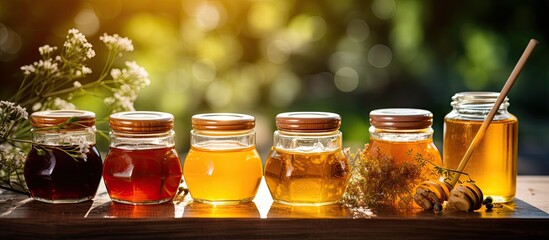 Various sizes of glass containers filled with assortments of fresh raw honey displayed on an outdoor table at a farmers market