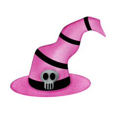 a pink witch hat with askull on it