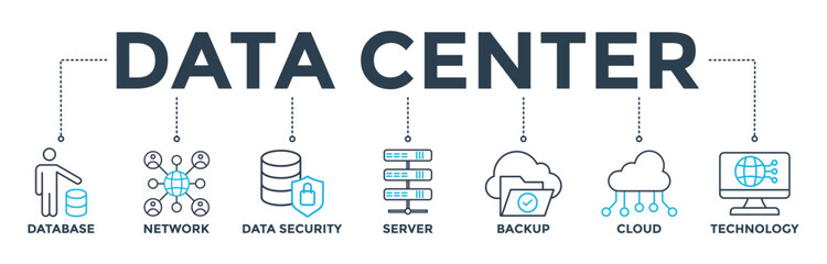 Data center banner web icon vector illustration concept with icon of database, network, data security, server, backup, cloud and technology