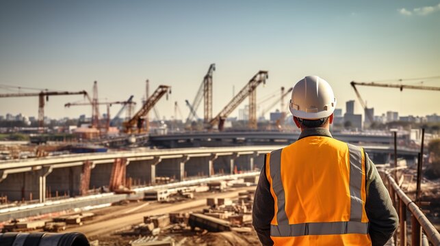 A real photo of The back of a male foreman inspects various objects at the construction site of new concrete roads and bridges that form the critical infrastructure of a big city.
