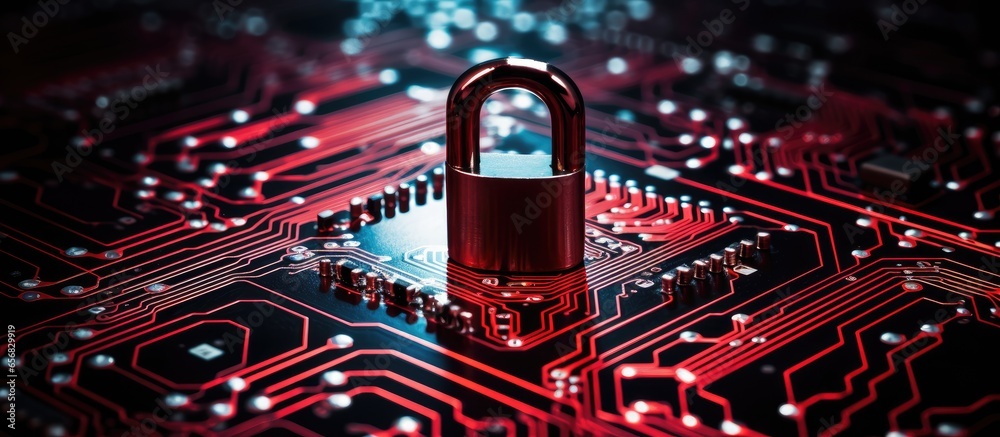 Poster symbol of hacking on open red padlock on computer board