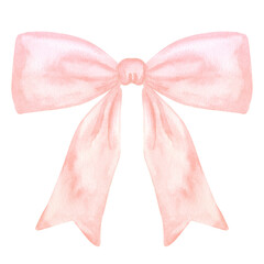 Decorative pink bow with long ribbon. Accessory little girl. Hand drawn watercolor illustration isolated on white background. For gender reveal party, baby shower, children's design - obrazy, fototapety, plakaty