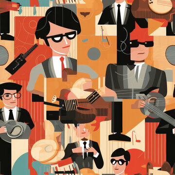 Music band cartoon collage funky art illustration repeat pattern