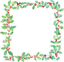 水彩画。水彩タッチのヒイラギのベクターフレーム。柊の葉っぱ背景。クリスマスフレーム。Watercolor painting. Vector frame of holly with watercolor touch. Holly leaves background. Christmas frame.