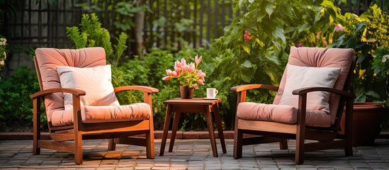 Fototapeta na wymiar Wooden armchairs placed outdoors on a wooden floor for summer relaxation Garden scene with chairs in nature vase of flowers and backyard surroundings Holiday theme