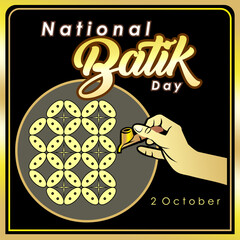 Poster design template for Indonesian National Batik Day, October 2. Square box design with illustration of a batik maker's hand carrying a canting and batik motif background. Vector Illustration
