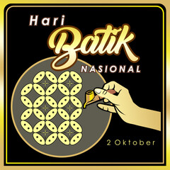 Poster design template for Indonesian National Batik Day, October 2. Square box design with illustration of a batik maker's hand carrying a canting and batik motif background. Vector Illustration