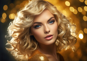 portrait of the young woman with golden hair, glittery and shiny