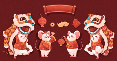Fototapeta na wymiar Vector rat year lion dance characters in paper art style on red background