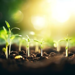 An AI-generated illustration depicts young plants growing in soil with sunlight in the background. Suggest me best SEO 50 keywords related to this illustration.