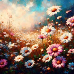 AI-generated illustration depicts a beautiful and colorful field of daisies in a dreamy and impressionistic style. The daisies are white, pink, and yellow in color, and they cover the entire field.