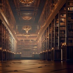 AI-generated illustration depicts a grand and elegant library with rows of books and an ornate ceiling. The library has a classic and vintage style, with wooden shelves, chandeliers, and gold details
