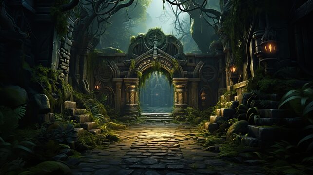 Illustration of ancient stone temple in the mystical jungle