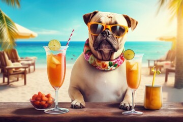 Funny dog drinking cocktails at the bar. Beach ocean view. Summer vacation, holidays concept. Generative AI 