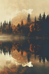 Runde Acrylglas-Bilder Wald im Nebel Morning over the river
