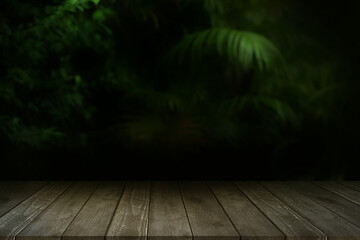 Empty wooden table in front of abstract blurred background of forest mysterious natural.