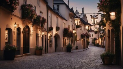 Fototapeta premium A narrow, winding cobblestone street in a historic European town, lined with centuries-old buildings, their facades adorned with intricate ironwork and hanging flower baskets, bathed in the soft glow 