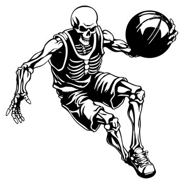 Skeleton playing basketball cartoon style vector illustration