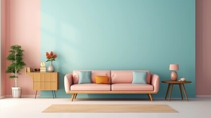 Living room furniture display with space for text and pastel background, background image, AI generated