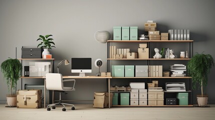 A visual representation of a well-organized home office with ergonomic furniture and efficient storage solutions, allowing space for text, background image, AI generated